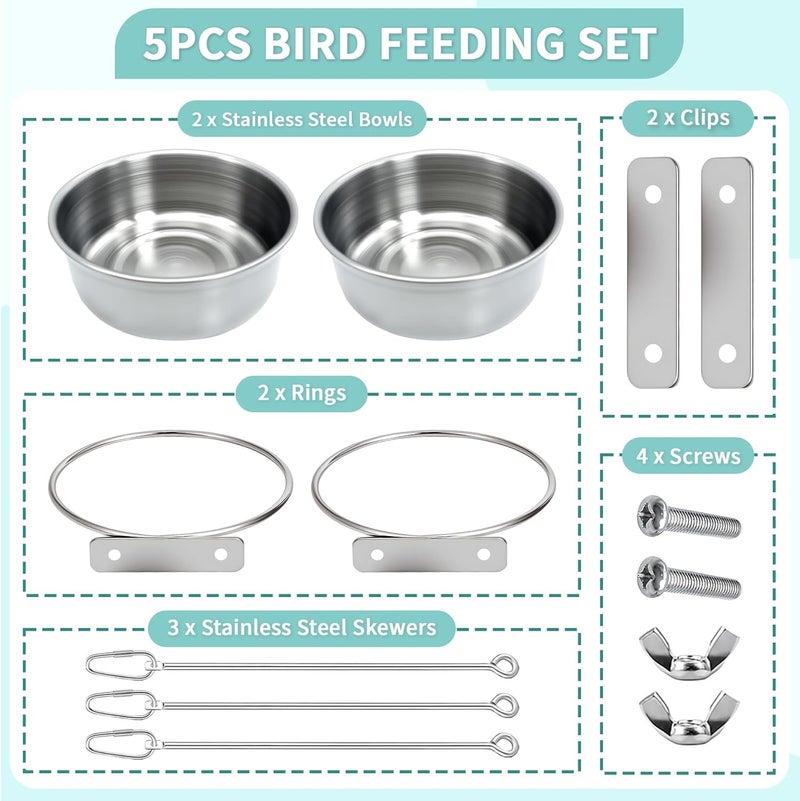 VOXGET 2 Pcs Bird Feeder Bowls with 3 Pcs Food Holder for Cage, Parrot Food Water Bowls and Fruit Skewer Foraging Toy, Stainless Steel Bird Feeding Dish Cups for Small Animals (Silvery, 5 Pcs) - Image 3